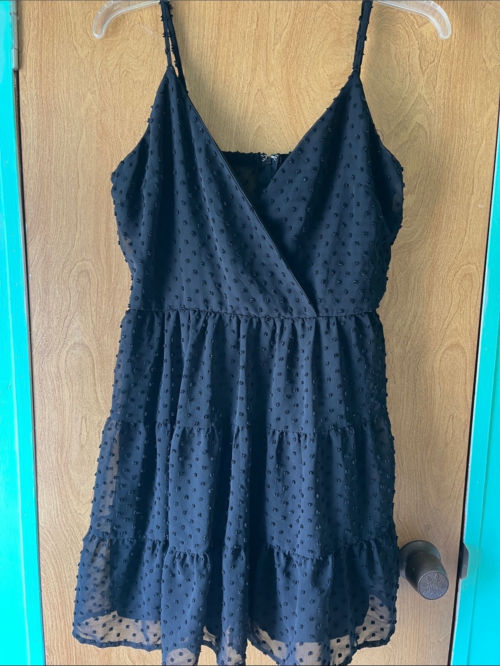 Black with black dots spaghetti strap ruffle dress.